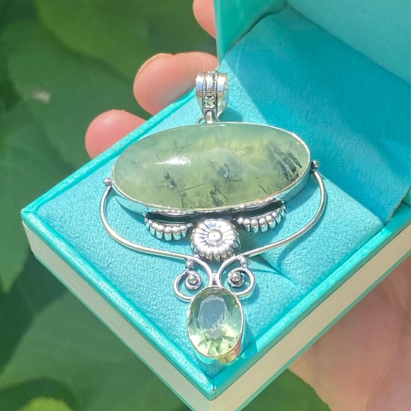 Prehinite, Green Amethyst & Sterling Silver Handcrafted Pendant 3” - Picture 3 of 6